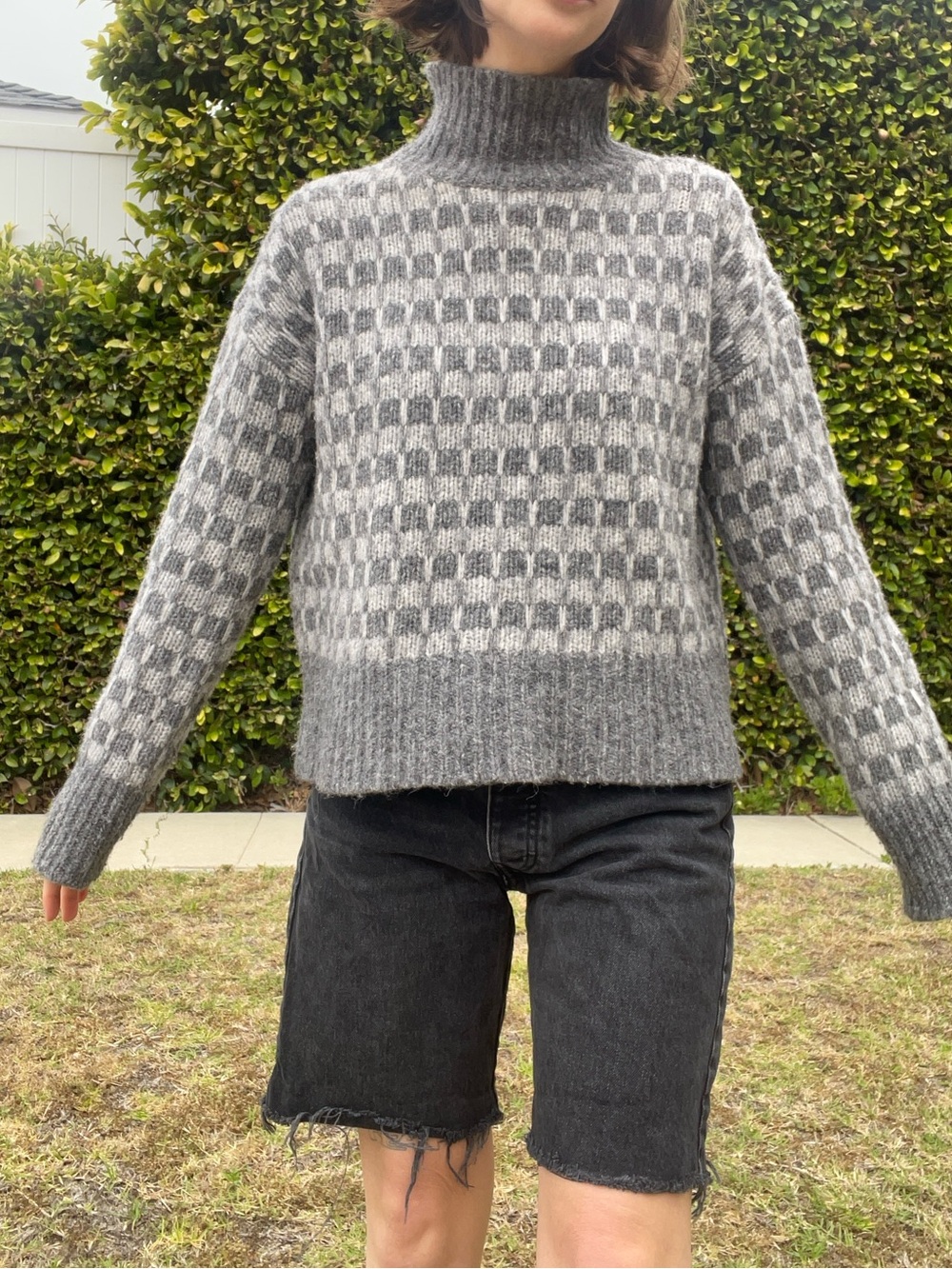 Everlane Wool Aplaca XS Cozy Grey Checkered Turtleneck Sweater